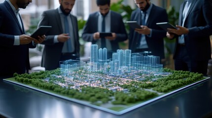 Poster - Model city display with men in suits and traditional clothing discussing urban planning and development