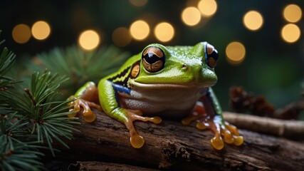 Wall Mural - A vibrant frog perched on a log with a softly blurred background of lights.