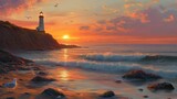 Coastal sunset lighthouse seascape; birds, waves, rocks