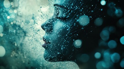 Woman's face with water splash, bokeh background, beauty/wellness concept