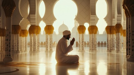 Poster - Inside a stunning mosque, a devoted Muslim man kneels in prayer as warm sunlight floods the serene space. Ornate arches and golden details enhance the sacred atmosphere