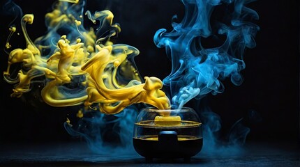 Poster - Yellow and blue pigments blend in water, creating vibrant swirls of color. The scene is set with a dark background, enhancing the vividness of the swirling smoke