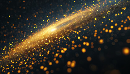 Poster - A mesmerizing display of golden particles dances in the dark expanse of space, resembling a swirling galaxy. This stunning cosmic scene evokes wonder and awe at the beauty of the universe