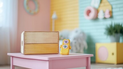 Wall Mural - Wooden box near pink table with yellow phone in scandi child's room interior with blurred background