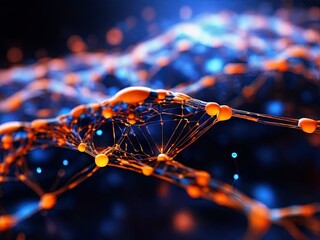 Poster - Intricate network of glowing orange and blue particles creates a mesmerizing abstract design, illustrating the beauty of connectivity and structure in a scientific context