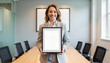 © Margarita - Smiling businesswoman holding a blank certificate in a conference room for websites, blogs, professional presentations, and corporate materials, educational resources, and motivational content