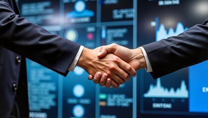 Business handshake conveying partnership in front of financial data for blogs, websites, corporate presentations, digital marketing, and business strategy discussions