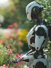 Poster - 3d rendering humanoid robot with flower in the garden background, artificial intelligence concept