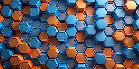 Poster - This composition features an intricate arrangement of hexagonal shapes in vibrant blue and orange hues. The geometric design exudes a contemporary aesthetic that draws attention