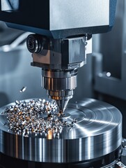 Poster - close-up of a cnc machine precisely machining a metal disc. illustrates industrial precision and hig
