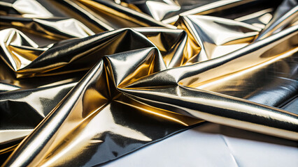 Poster - Luxurious black and gold fabric is artistically draped, showcasing its smooth, shiny texture. This textile is ideal for fashion, decoration, and creative projects, reflecting light elegantly