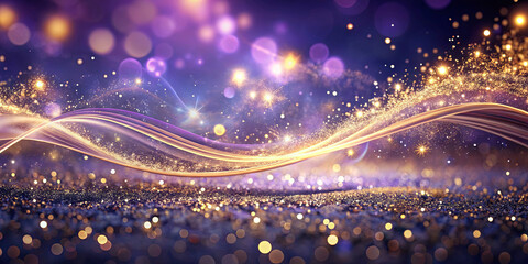 Poster - Vibrant waves of light flow gracefully through a backdrop filled with sparkling particles. The scene combines rich colors and shimmering textures, creating a magical ambiance