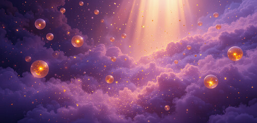 Poster - A beautiful twilight atmosphere showcases soft purple clouds illuminated by radiant orbs and twinkling stars. The enchanting setting evokes a sense of wonder and serenity