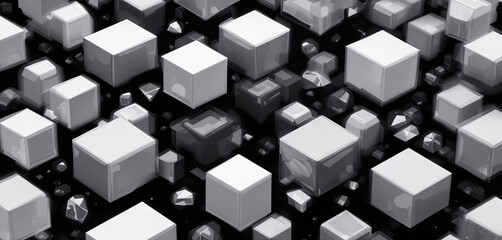 Poster - A vibrant arrangement of gray cubes of various sizes fills the space against a black background, creating depth and visual interest in a digital design
