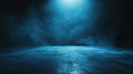 Sticker - Abstract background with blank dark wall and smoky concrete floor illuminated by blue color. Mockup, 3D rendering