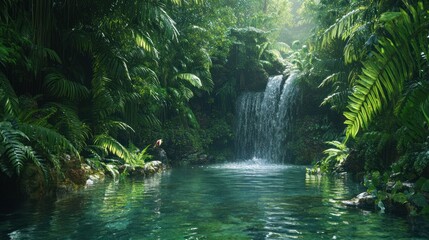 Sticker - Lush jungle waterfall pool, serene nature scene, background foliage, travel brochure