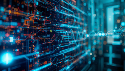 Fototapete - Intricate designs of digital circuitry create a vibrant network, showcasing advanced technology with glowing blue and orange lines, filling a modern space with energy and complexity