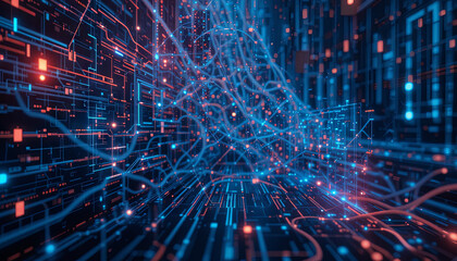 Poster - A dynamic visualization showcases a network of glowing lines in blue and red, symbolizing data flow through a digital landscape filled with intricate patterns and connections