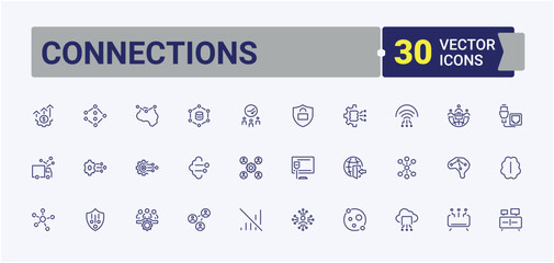Poster - Set of Connections line icons. Contains such icons as wire, social, networking, computing, cyber, technology, data, group and more. Icon design. Editable vector stroke.