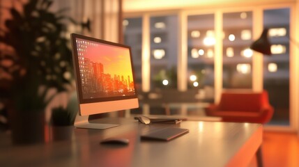 Poster - interior background concept - blurred working place at home with computer