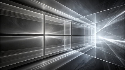 Poster - Radiant beams of light intersect through a series of transparent planes, forming an immersive digital setting. The composition conveys movement and spaciousness