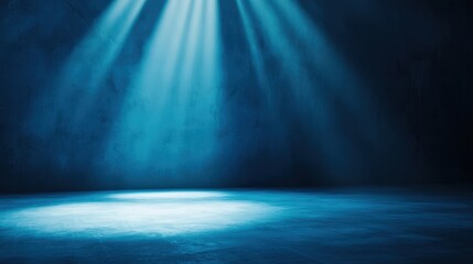 Poster - a dramatic scene featuring blue spotlight beams illuminating a dark, misty stage, creating a captiva