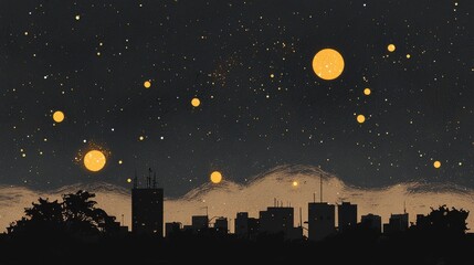 Poster - Nighttime cityscape with stars and rising suns urban landscape digital illustration calm atmosphere low angle dreamy vision