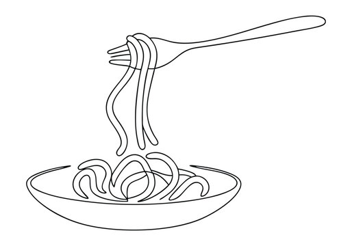 Continuous One Line Fork with Noodles on Plate | Minimalist Food Vector Illustration