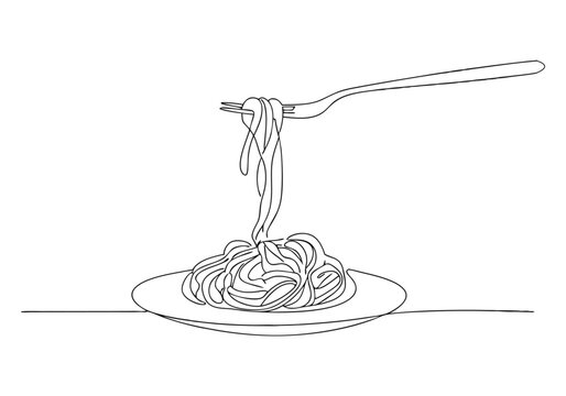 Continuous One Line Fork with Noodles on Plate | Minimalist Food Vector Illustration