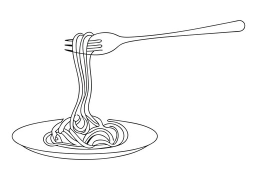 Continuous One Line Fork with Noodles on Plate | Minimalist Food Vector Illustration