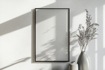 Poster - Elegant vertical white frame on a modern wall with soft shadows and daylight reflections creating a serene atmosphere