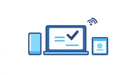 Poster - Digital devices connected to wireless network, check mark on laptop