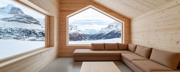 Wall Mural - A modern wooden interior with a cozy sofa and a stunning view of snowy mountains through a large, uniquely shaped window.