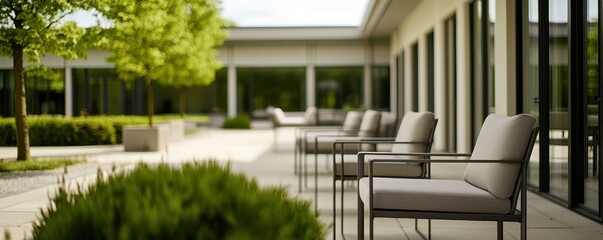 Canvas Print - A serene outdoor space featuring modern chairs arranged on a patio, surrounded by greenery and large windows, creating a tranquil ambiance.