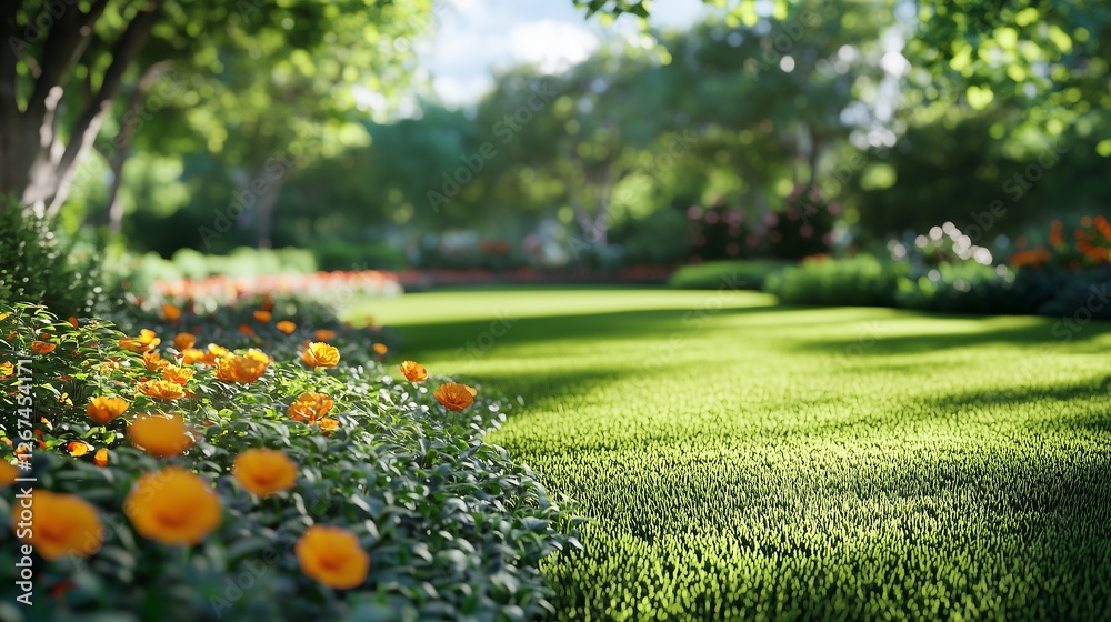 An image of lush garden. Green flower bed with a green template. Ai ...