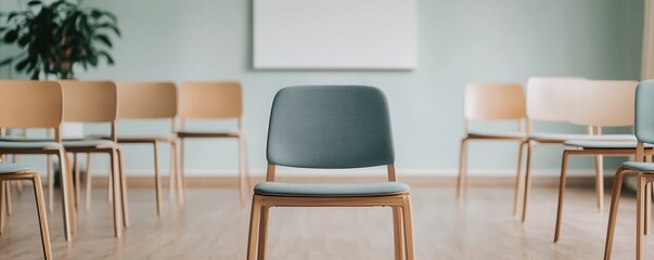 Wall Mural - A modern, minimalist chair stands out in a light-colored room with several wooden chairs, suggesting a calm and organized environment.