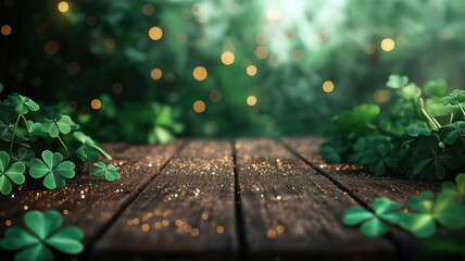 Wall Mural - empty wooden table mockup with defocused green and gold background, shamrock and golden glitter