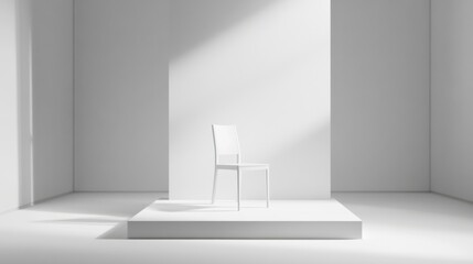 Aufkleber - Sturdy platform highlights a solitary chair in a bright, minimalist room with high ceilings