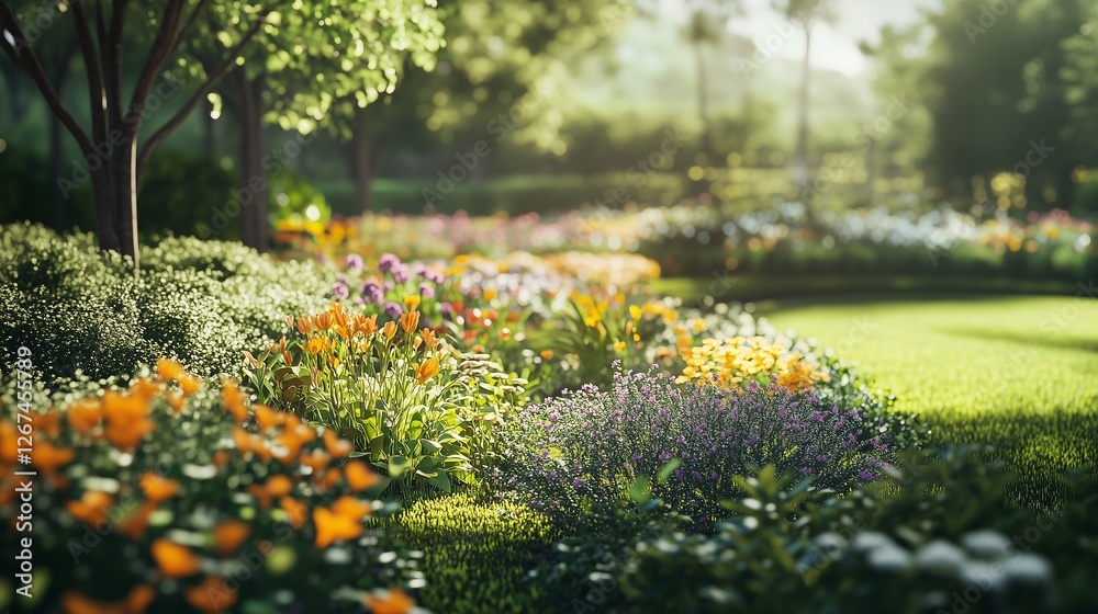 An image of lush garden. Green flower bed with a green template. Ai ...