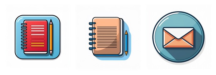 Aufkleber - Three icons display office supplies. A red notebook with a pencil, a brown notebook with a pencil, and a white envelope are set on blue backgrounds.