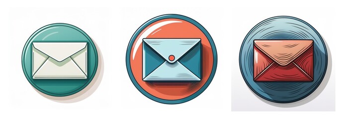 Aufkleber - Three round icons display envelopes in teal, orange, and blue circles. Each envelope is a different color: white, blue, and red, respectively.