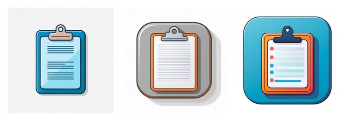 Poster - Three clipboard icons in varied styles and colors, each with a paper sheet and clip, symbolizing organization, notes, and task management.