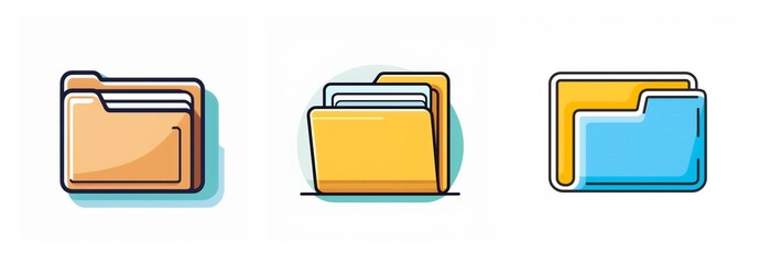 Fototapete - Three folder icons in different colors and styles depict file organization and data management, isolated on a white background.