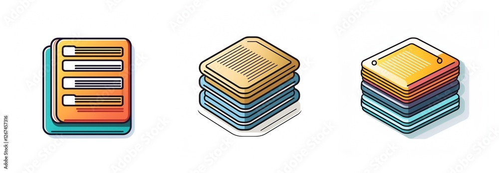 Three isometric stacks of layered square objects. First orange and blue ...