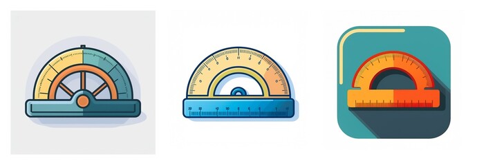 Poster - Three protractor illustrations are presented, each with unique design and color variations. They are all semi-circular tools used for measuring angles.