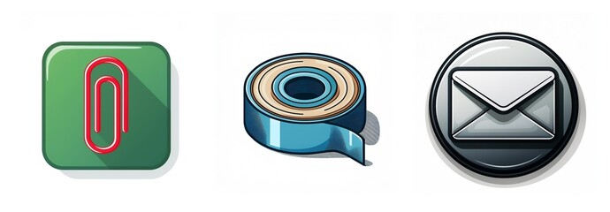 Aufkleber - Three office icons are displayed: a red paperclip, a roll of blue tape, and a white envelope. These represent common office or stationery supplies.