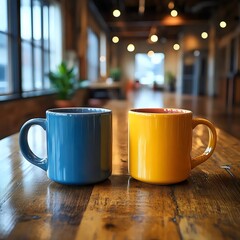 Wall Mural - Two cups, one blue and one yellow, sit on a wooden table