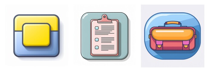 Aufkleber - Three app icons in a row. First is a blue and yellow layered square. Second is a clipboard with checklist. Third is a red and orange briefcase.