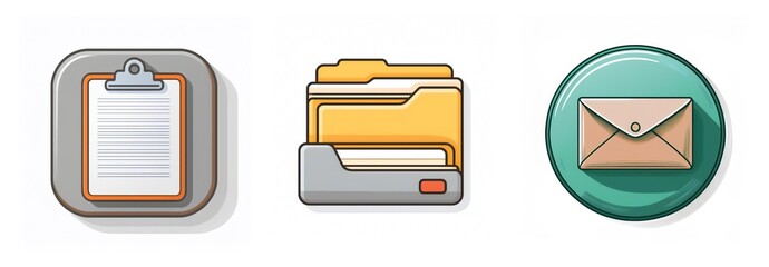 Poster - Three cartoonish icons represent document management and communication: a clipboard, a file folder, and an envelope, all in a simple, vector style.