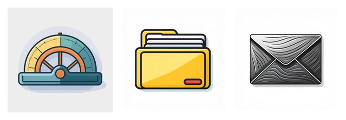 Fototapete - Three icons in a row: a blue and yellow speedometer, a yellow folder for documents, and a gray envelope. Simple illustrative style.